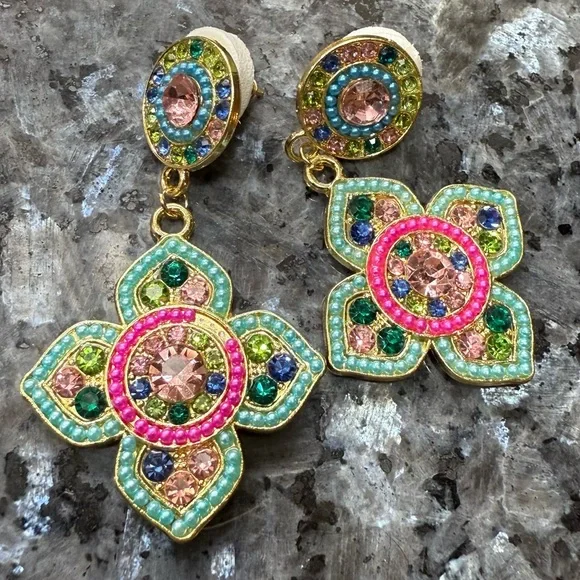 2/$25 or 3/$35 NWOT Fully rhinestoned colorful floral drop earrings - Picture 5 of 8